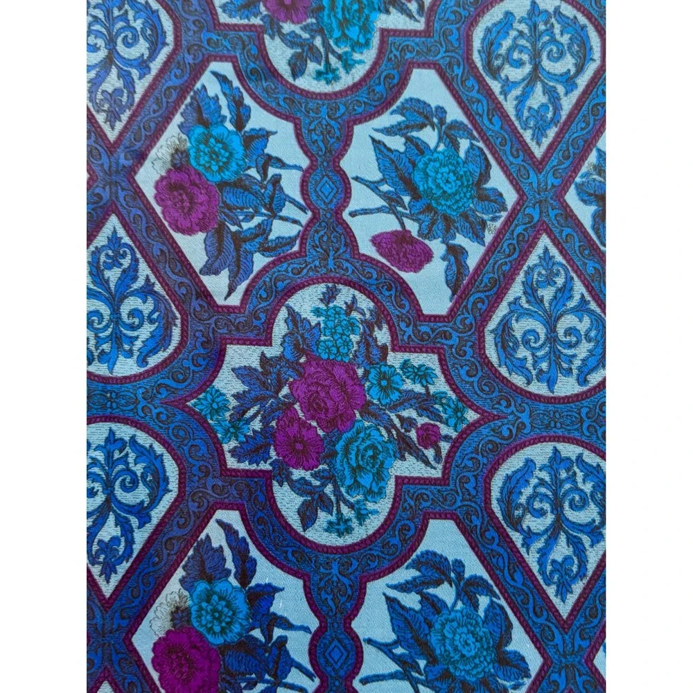 Vintage Blue Floral Medallion Cotton Fabric 42W x 38L Ornate Scroll Rose Print